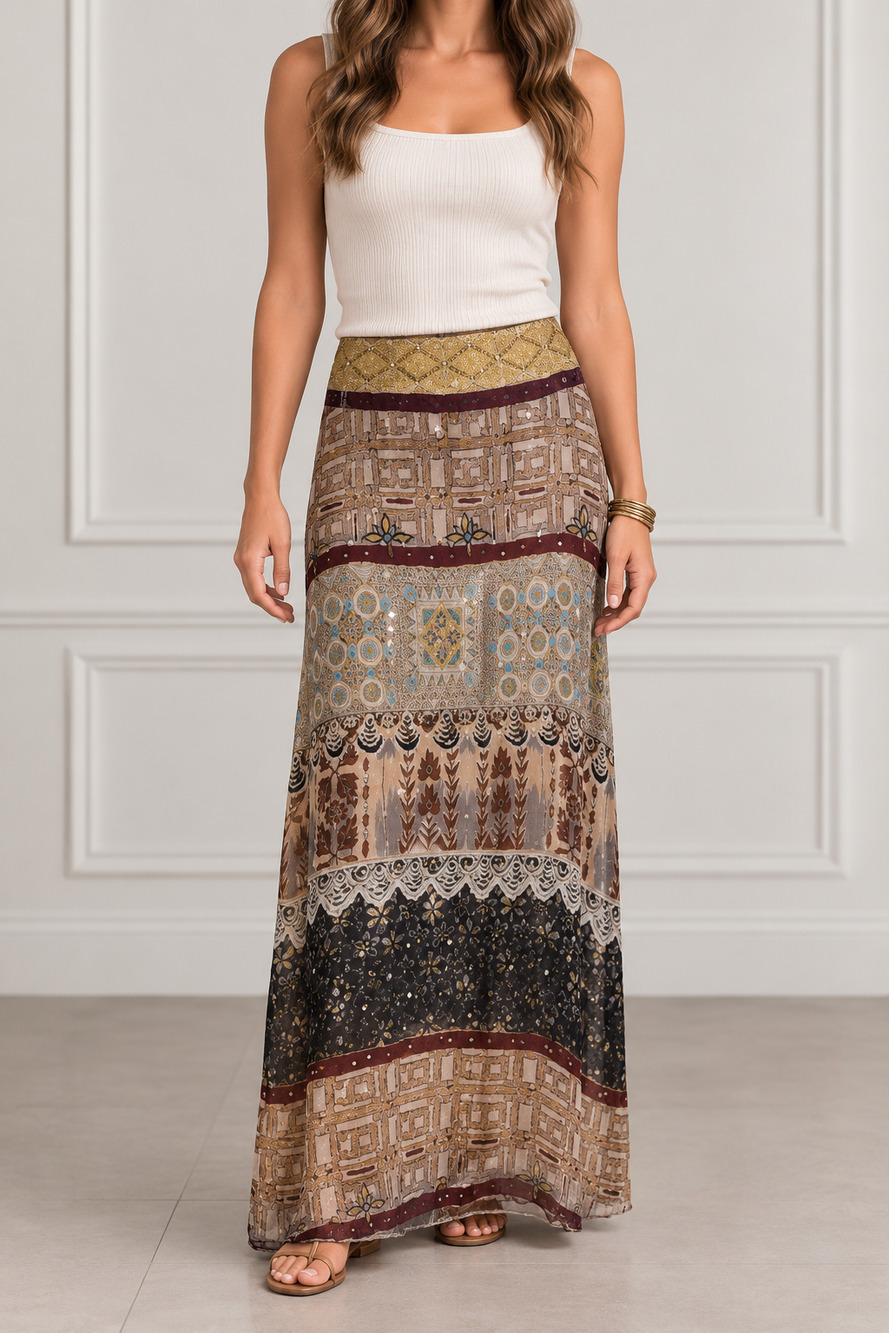 WD.NY Abstract Maxi Skirt Size 6 100% Silk Sequin Broomstick Tribal Artsy Gypsy